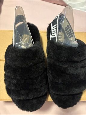 UGG Black Faux-Fur Slide Slippers with Branded Heel Strap